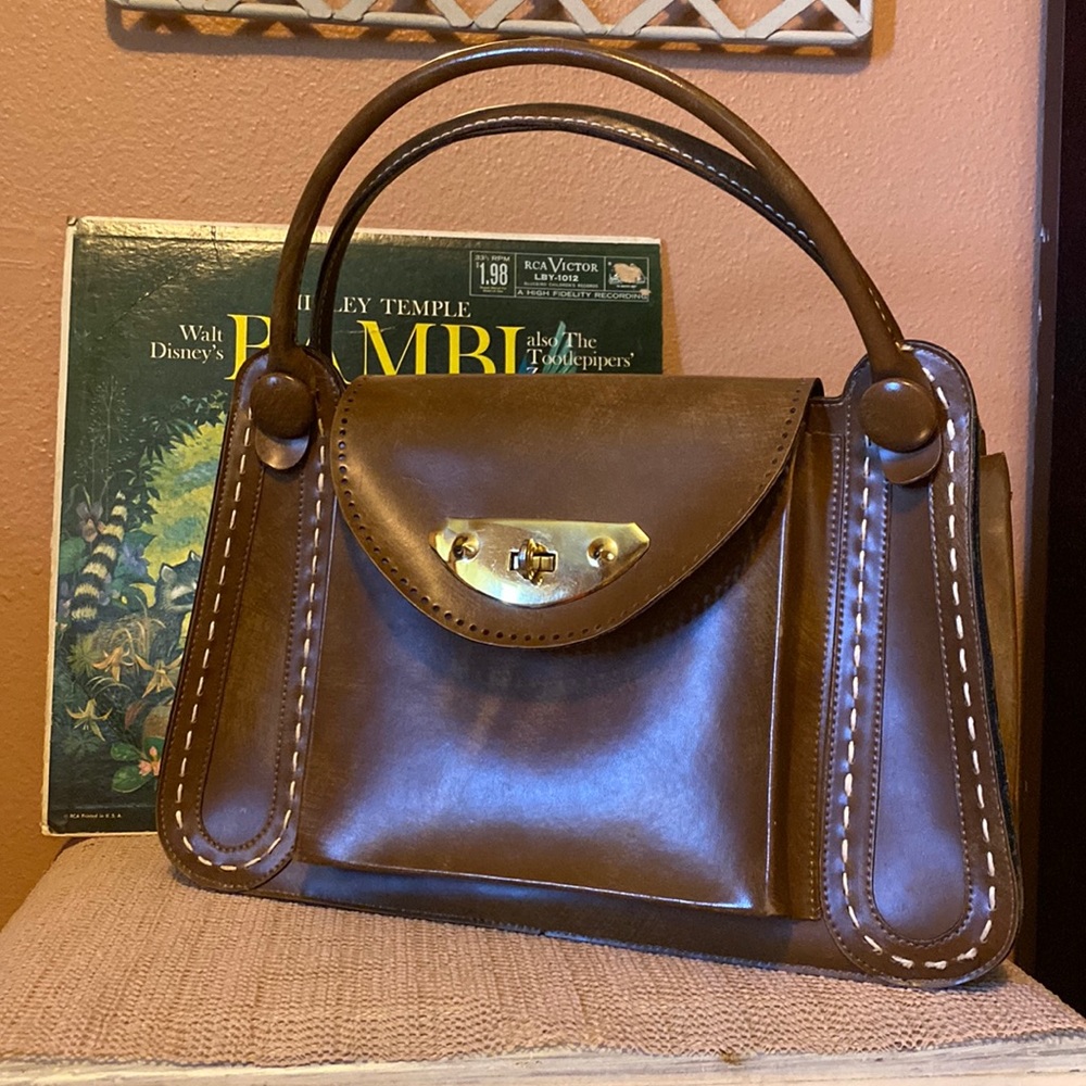 Vintage Mahler brown turn key lock wooden handbag with buttons